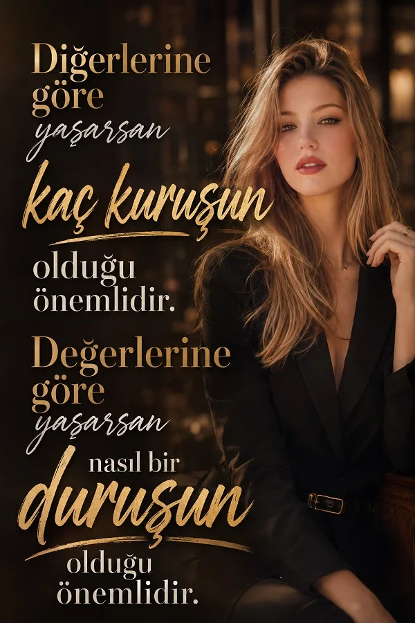 Sıcak tonlu arka planda oturan şık bir kadın ve “Diğerlerine göre yaşarsan kaç kuruşun olduğu önemlidir. Değerlerine göre yaşarsan nasıl bir duruşun olduğu önemlidir.” sözü.