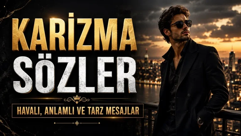 Gece şehir manzarası önünde siyah takım elbiseli, gözlüklü erkek figürü ve Karizma Sözler başlığıyla hazırlanmış havalı kapak tasarımı.