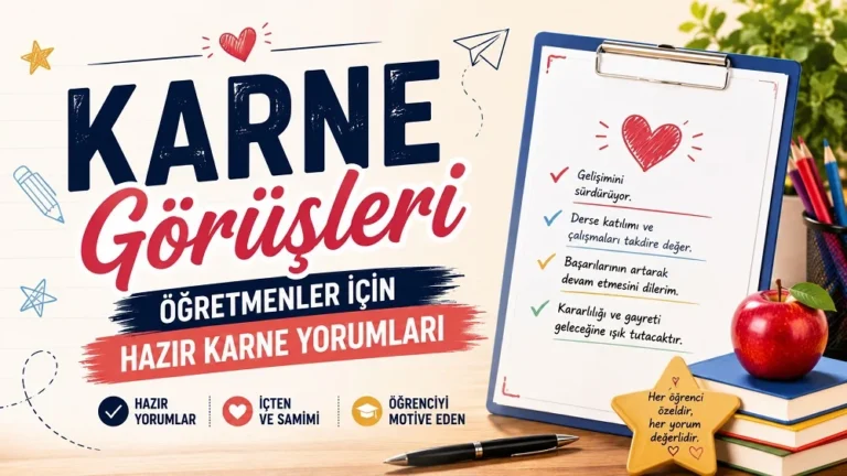 Okul temalı arka plan, karne notları, kitaplar, kalemler ve elma detayıyla hazırlanmış Karne Görüşleri Öğretmenler İçin Hazır Karne Yorumları kapak görseli.