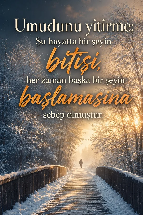 Karlı ağaçlar arasında uzanan köprüde yürüyen bir kişi ve “Umudunu yitirme; şu hayatta bir şeyin bitişi, her zaman başka bir şeyin başlamasına sebep olmuştur” sözüyle hazırlanmış umut temalı söz tasarımı.