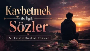 Gün batımı manzarasına karşı yalnız oturan bir kişinin yer aldığı yatay kapak görselinde, sol tarafta “Kaybetmek ile ilgili Sözler” başlığı ve “Acı, Umut ve Ders Dolu Cümleler” alt metni yer alıyor. Ön planda solmuş gül, dağılmış yapraklar ve hüzünlü atmosfer detayları bulunuyor.