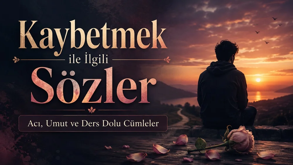 Gün batımı manzarasına karşı yalnız oturan bir kişinin yer aldığı yatay kapak görselinde, sol tarafta “Kaybetmek ile ilgili Sözler” başlığı ve “Acı, Umut ve Ders Dolu Cümleler” alt metni yer alıyor. Ön planda solmuş gül, dağılmış yapraklar ve hüzünlü atmosfer detayları bulunuyor.