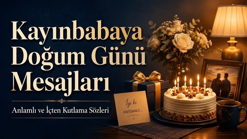 Kayınbabaya Doğum Günü Mesajları başlıklı kapak görselinde, mumları yanan doğum günü pastası, hediye kutusu, çiçekler, sıcak lamba ışığı ve aileyi simgeleyen fotoğraf çerçevesi yer alıyor.