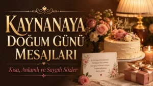 Kaynanaya Doğum Günü Mesajları başlıklı kapak görselinde, mumlu doğum günü pastası, pembe güller, hediye kutusu, tebrik kartı ve sıcak ışıklı romantik bir kutlama ortamı yer alıyor.