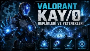 Valorant KAY/O replikleri ve yetenekleri başlıklı kapak görselinde, mavi enerjiyle parlayan robot karakter KAY/O savaş alanında yer alırken altta yetenek ikonları bulunuyor.
