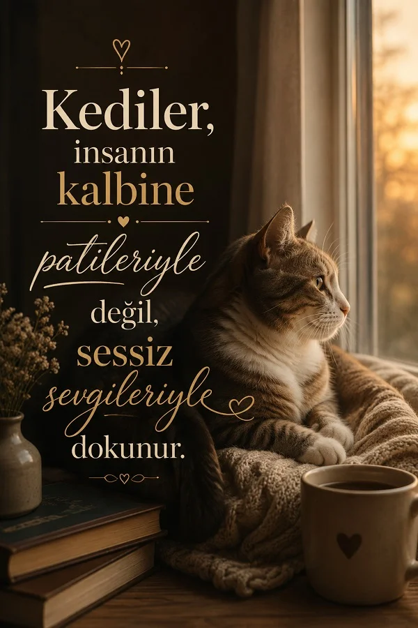 Pencere kenarında oturan kedi ve “Kediler, insanın kalbine patileriyle değil, sessiz sevgileriyle dokunur.” sözü.