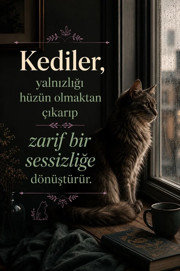 Yağmurlu pencere kenarında oturan kedi ve “Kediler, yalnızlığı hüzün olmaktan çıkarıp zarif bir sessizliğe dönüştürür.” sözü.