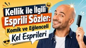 Elinde tarak tutan gülümseyen kel erkek ve üzerinde Kellik ile İlgili Esprili Sözler yazısı bulunan komik kapak görseli.