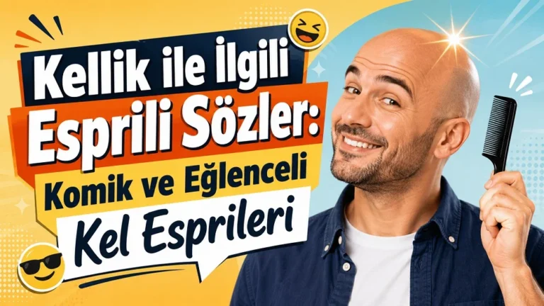 Elinde tarak tutan gülümseyen kel erkek ve üzerinde Kellik ile İlgili Esprili Sözler yazısı bulunan komik kapak görseli.