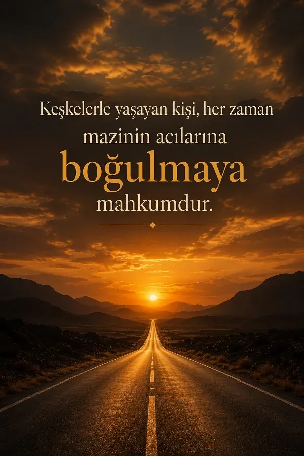 Gün batımına uzanan yol ve keşkeler üzerine anlamlı söz bulunan görsel