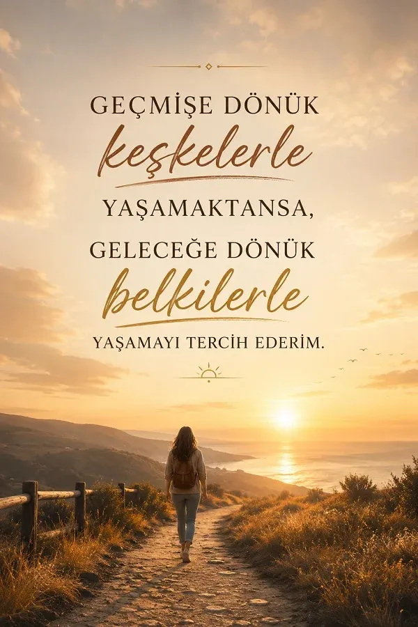 Gün batımında yürüyen kadın ve keşkeler yerine umutla yaşamayı anlatan söz görseli