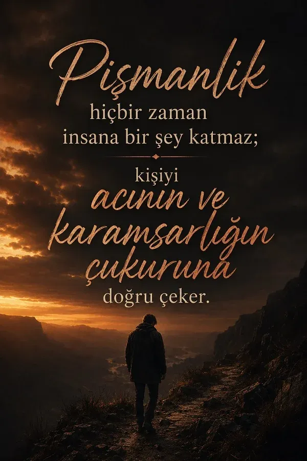 Gün batımında yalnız yürüyen adam ve pişmanlık sözleri bulunan görsel