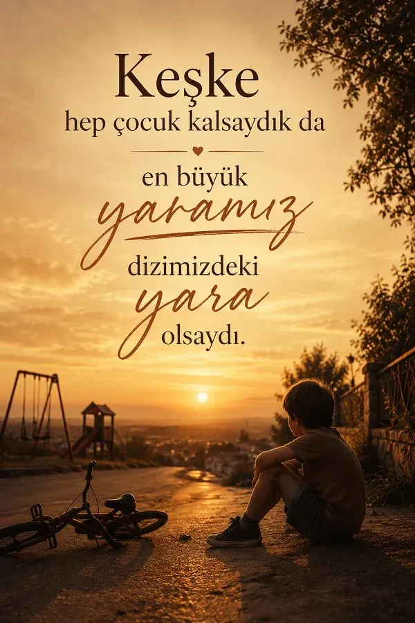 Gün batımında oturan çocuk ve çocukluk özlemi üzerine anlamlı söz görseli