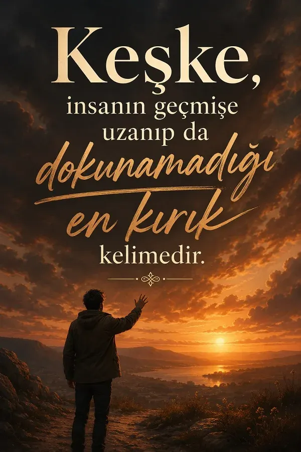 Gün batımında ufka bakan adam ve keşke sözleri bulunan duygusal görsel