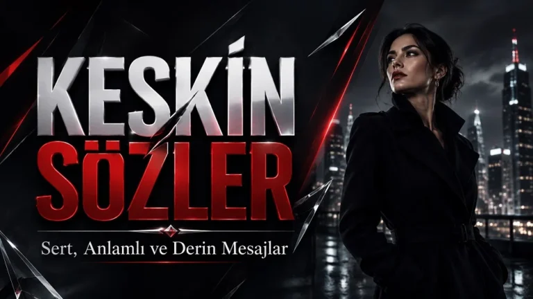 Gece şehir manzarası önünde siyah giyimli güçlü bir kadın figürünün yer aldığı yatay kapak görselinde, sol tarafta büyük ve parlak yazılarla “Keskin Sözler” başlığı, altında ise “Sert, Anlamlı ve Derin Mesajlar” alt metni kırmızı, siyah ve metalik tonlarla tasarlanmıştır.