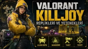 Valorant Killjoy replikleri ve yetenekleri başlıklı kapak görselinde, sarı montlu Killjoy karakteri robotları ve teknolojik savunma sistemleriyle karanlık bir savaş alanında gösteriliyor.