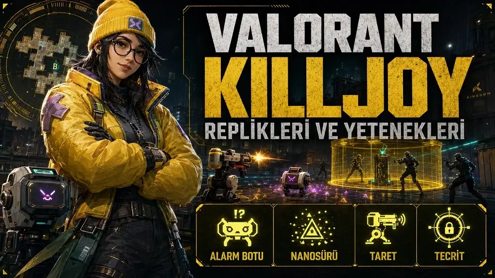 Valorant Killjoy replikleri ve yetenekleri başlıklı kapak görselinde, sarı montlu Killjoy karakteri robotları ve teknolojik savunma sistemleriyle karanlık bir savaş alanında gösteriliyor.