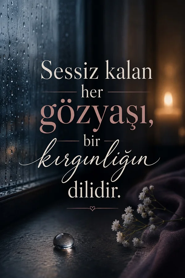 Yağmurlu pencere, mum ışığı ve tek su damlası eşliğinde “Sessiz kalan her gözyaşı, bir kırgınlığın dilidir.” yazılı hüzün temalı söz görseli.