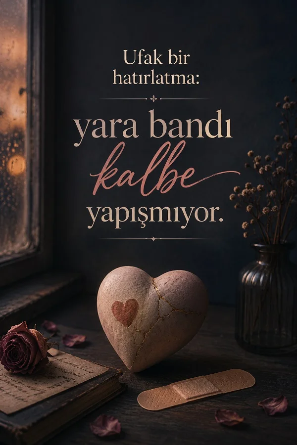 Çatlamış kalp objesi, yara bandı ve kurumuş gül detaylarıyla hazırlanmış fonda “Ufak bir hatırlatma: yara bandı kalbe yapışmıyor.” sözünün yer aldığı kırgınlık temalı görsel.