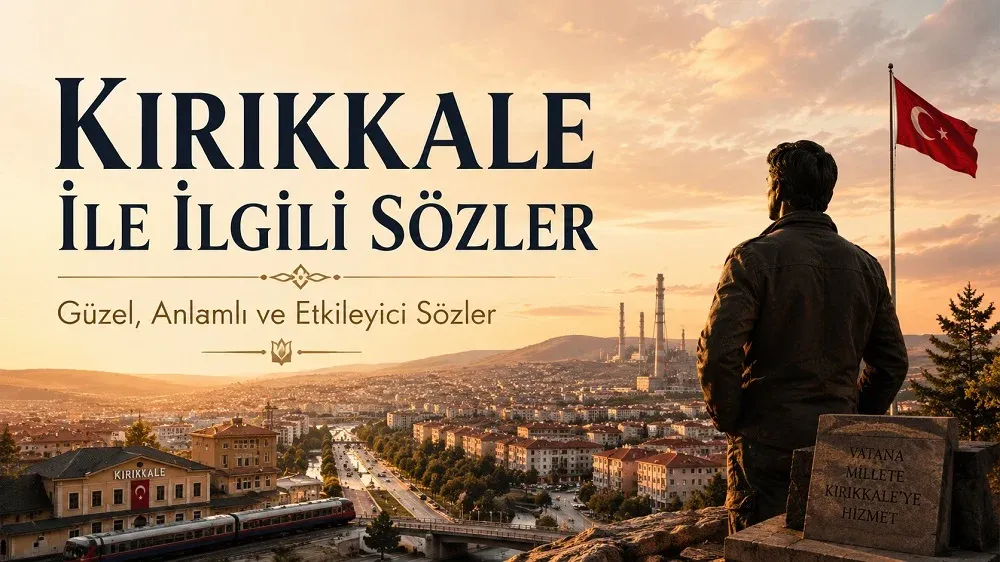 Gün batımı altında Kırıkkale şehir manzarası, Türk bayrağı, tren yolu ve şehre bakan kişi figürüyle hazırlanmış Kırıkkale ile ilgili sözler kapak görseli.