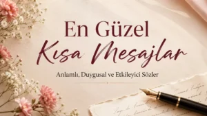 En güzel kısa mesajlar başlıklı, açık renk zemin üzerinde çiçekler, kalem ve zarif tipografiyle hazırlanmış anlamlı kısa mesajlar kapak görseli.