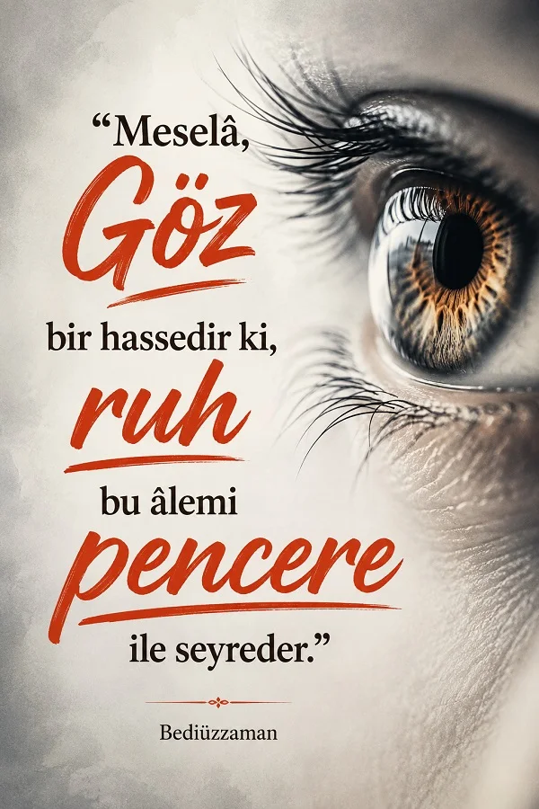 Yakın plan insan gözü fotoğrafı yanında “Göz bir hassedir ki, ruh bu âlemi pencere ile seyreder.” sözü bulunan Bediüzzaman temalı söz görseli.