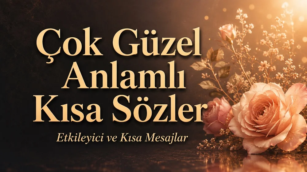 Çok Güzel Anlamlı Kısa Sözler yazısının yer aldığı, altın renkli tipografi, sıcak ışık efekti ve çiçek detayları bulunan estetik kapak görseli.