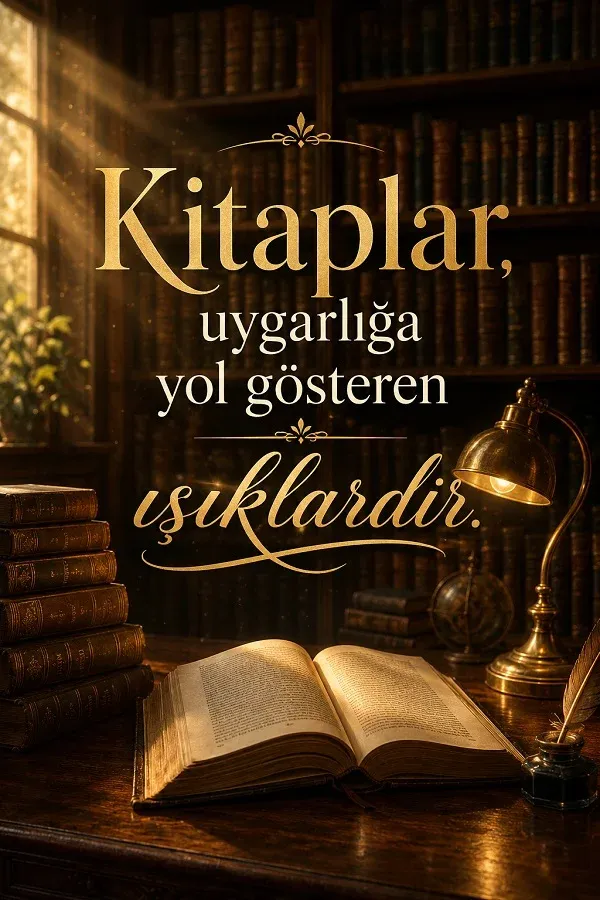 Kütüphane ortamında açık kitap ve kitapların uygarlığa ışık olduğunu anlatan söz görseli