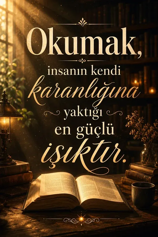 Açık kitap ve sıcak ışıklarla hazırlanmış okumak üzerine anlamlı söz görseli