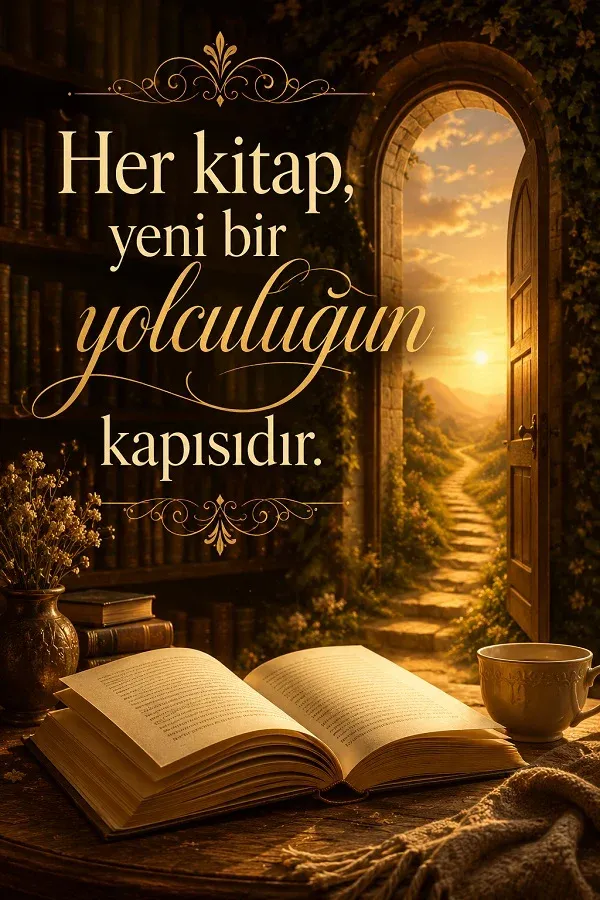 Açık kapı, kitap ve yeni yolculukları simgeleyen anlamlı kitap sözü görseli