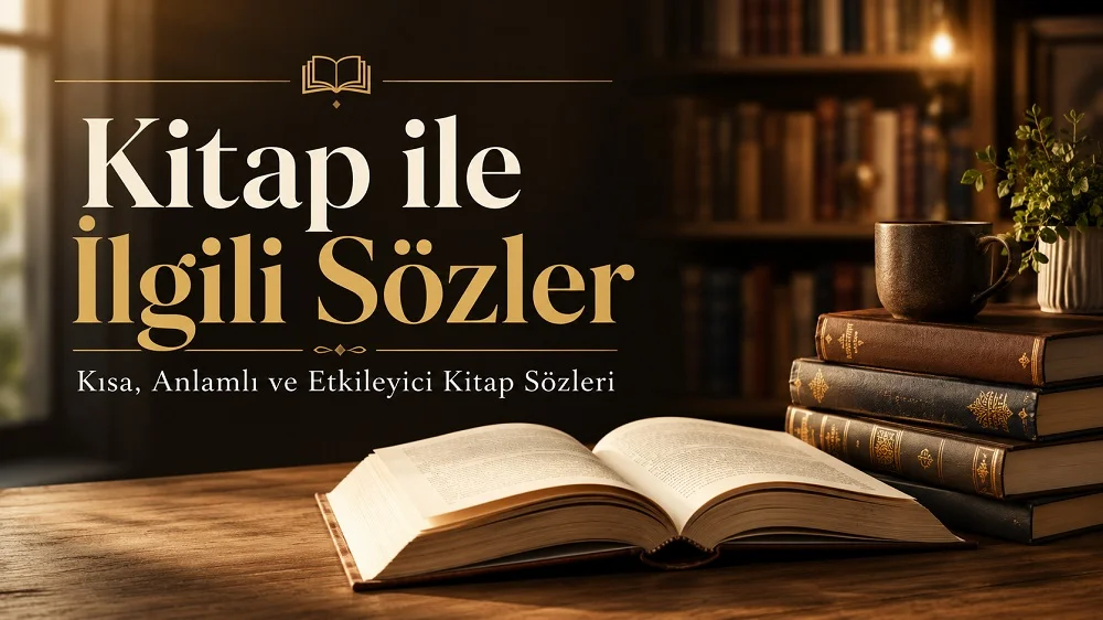 Açık kitap, kitap yığınları ve kütüphane arka planı eşliğinde Kitap ile İlgili Sözler başlıklı edebi kapak görseli