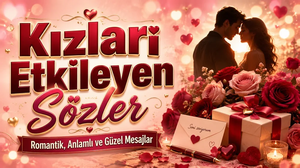 Pembe ve romantik tonlarda hazırlanmış kapak görselinde, “Kızları Etkileyen Sözler” başlığı, romantik çift silüeti, güller, hediye kutusu ve aşk mektubu detayları yer alıyor.