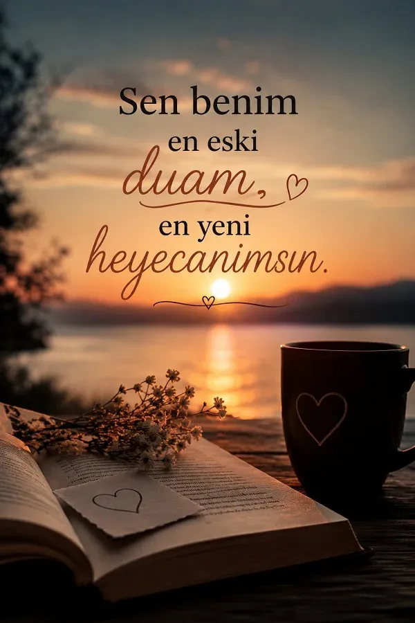 Gün batımında açık kitap ve fincan yanında “Sen benim en eski duam, en yeni heyecanımsın.” sözü.