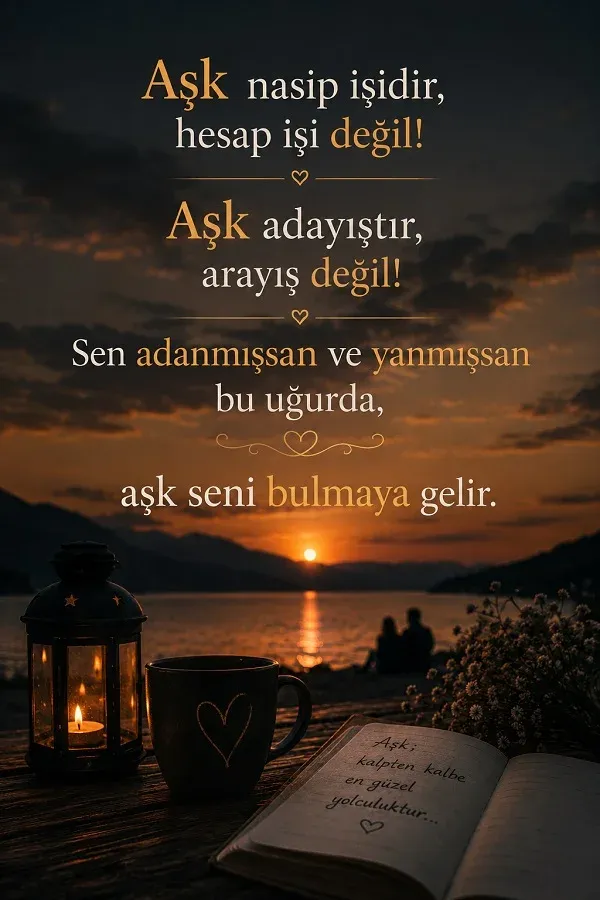 Gün batımında göl kenarında fener, fincan ve açık kitapla birlikte “Aşk nasip işidir, hesap işi değil...” diye başlayan söz.