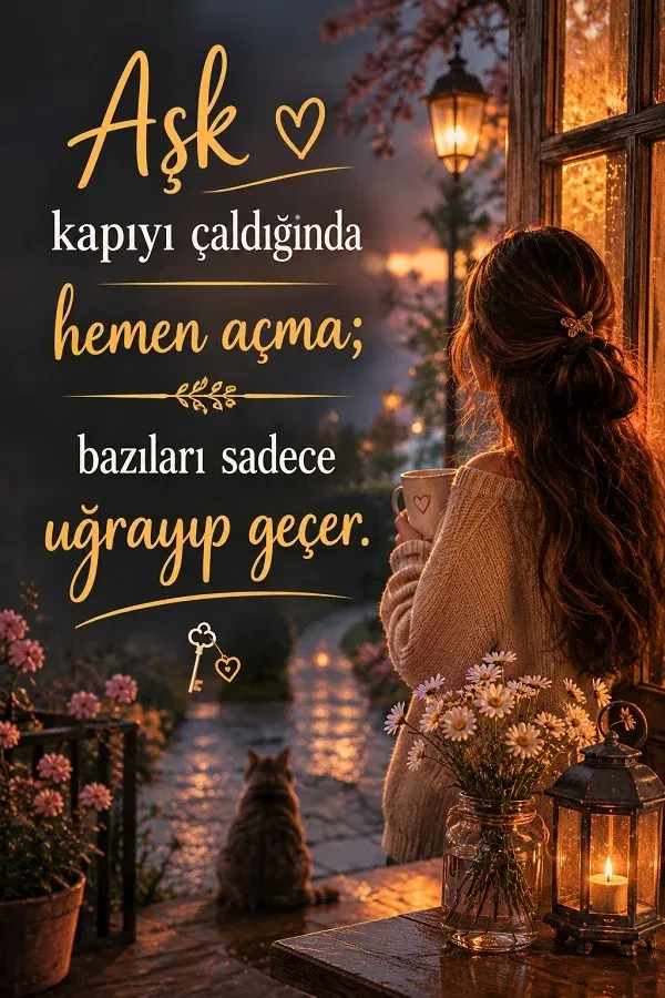 Pencere kenarında fincan tutan kadın, aşağıda oturan kedi ve “Aşk kapıyı çaldığında hemen açma; bazıları sadece uğrayıp geçer.” sözü.