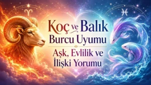 Koç ve Balık burcu uyumu için hazırlanmış, koç figürü ve balık sembolleriyle aşk, evlilik ve ilişki temasını anlatan astroloji kapak görseli.