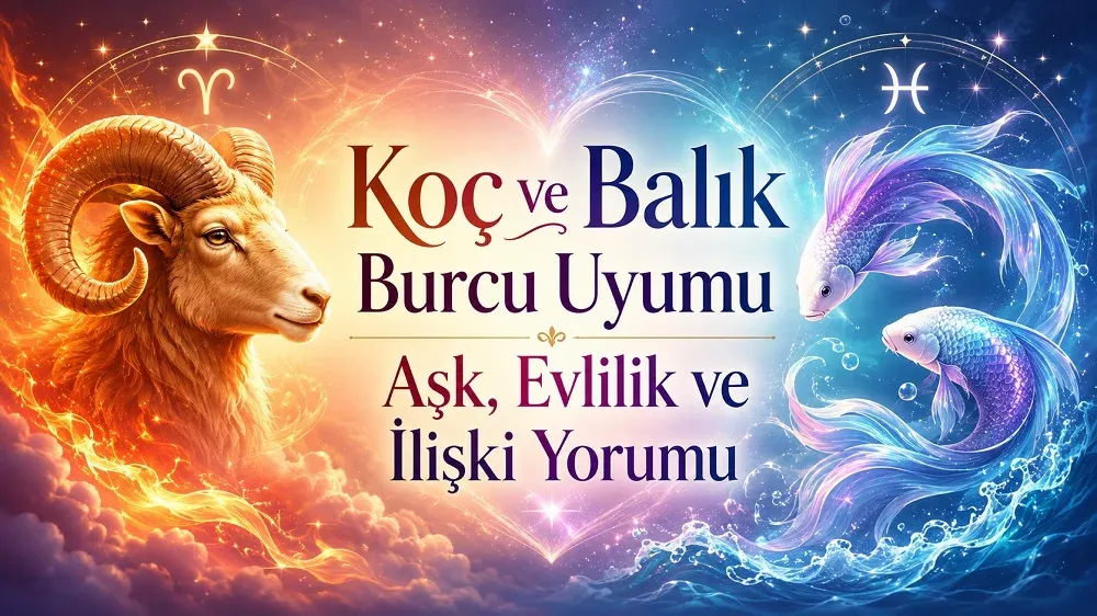 Koç ve Balık burcu uyumu için hazırlanmış, koç figürü ve balık sembolleriyle aşk, evlilik ve ilişki temasını anlatan astroloji kapak görseli.