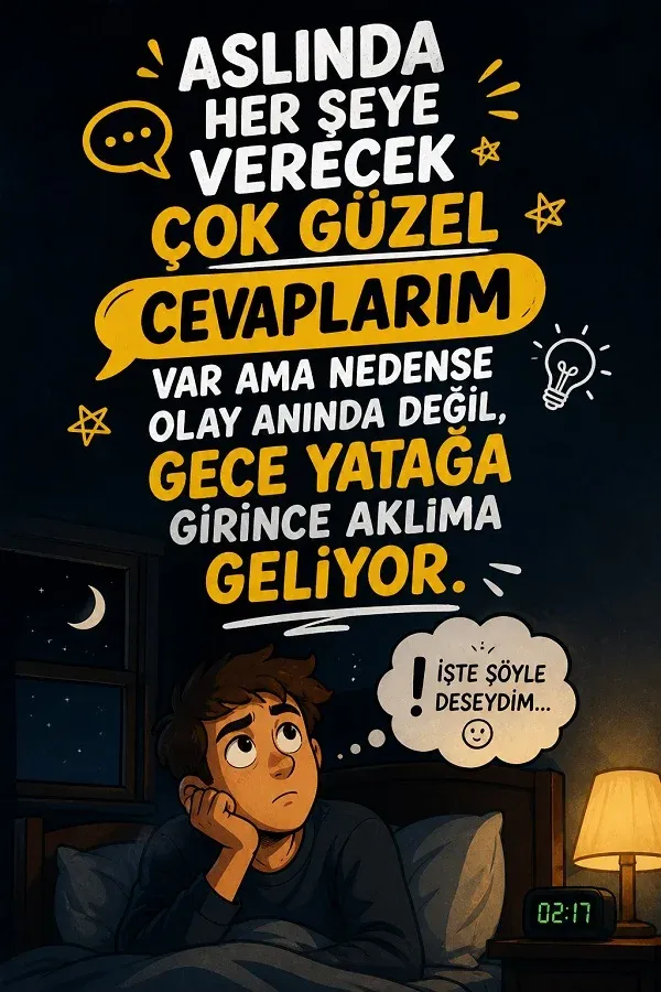 Gece yatakta düşünen bir kişinin komik söz yer aldığı illüstrasyon görseli.