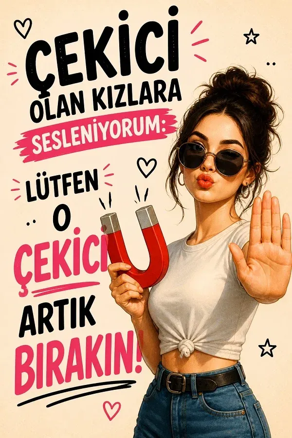 Elinde mıknatıs tutan kadın figürü ile çekici kelimesine gönderme yapan komik görsel.