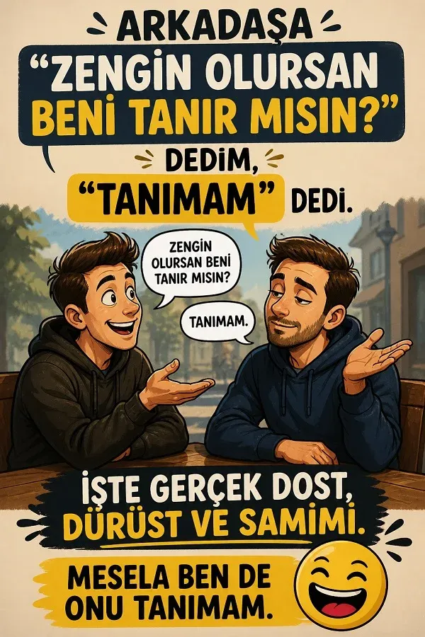 İki arkadaşın konuştuğu komik diyalog içeren çizim görseli.