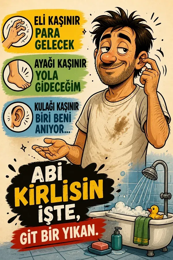 Kaşınan bir adam ve banyoya gönderme yapan komik söz görseli.