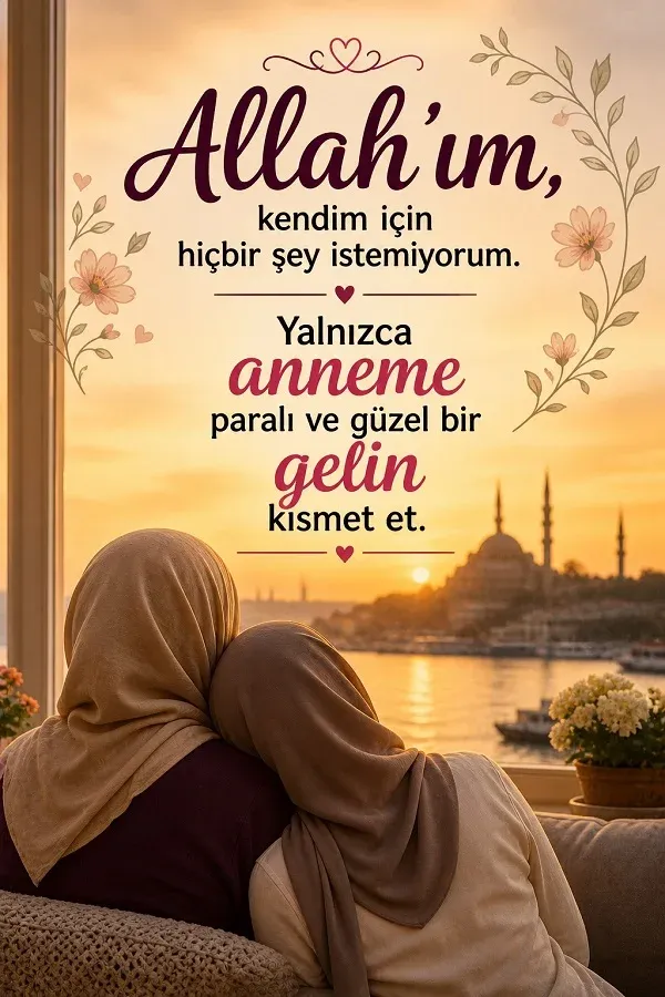 Gün batımında anneyle birlikte dua temalı duygusal söz görseli.
