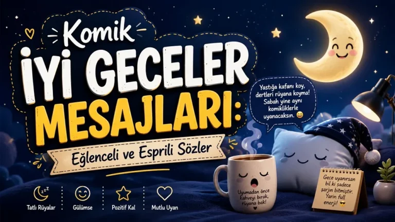 Yıldızlı gece, sevimli ay, uyuyan yastık, sıcak içecek ve büyük tipografiyle hazırlanmış “Komik İyi Geceler Mesajları: Eğlenceli ve Esprili Sözler” başlıklı modern kapak görseli.