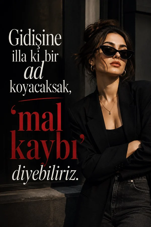 Siyah giyimli ve güneş gözlüklü bir kadın figürü yanında “Gidişine illa ki bir ad koyacaksak, mal kaybı diyebiliriz.” yazısının yer aldığı komik ve sitemli söz tasarımı.