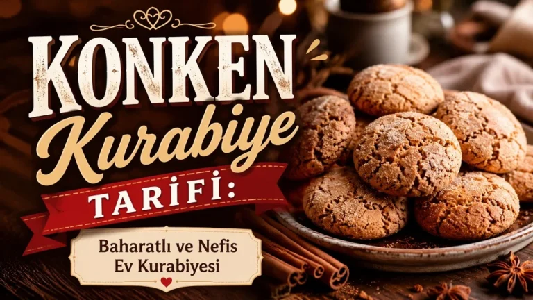 Tabağa dizilmiş baharatlı konken kurabiyeleri, tarçın çubukları, çay fincanı ve büyük tipografiyle hazırlanmış “Konken Kurabiye Tarifi: Baharatlı ve Nefis Ev Kurabiyesi” başlıklı modern tarif kapak görseli.