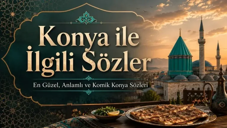 Konya ile ilgili sözler başlıklı, Mevlana Türbesi atmosferi, Selçuklu motifleri ve etli ekmek detayları bulunan blog kapak görseli.