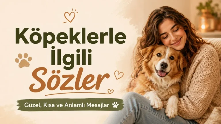 Köpeğine sarılan kadın ve Köpeklerle İlgili Sözler başlığı bulunan sıcak tonlarda blog kapak görseli.