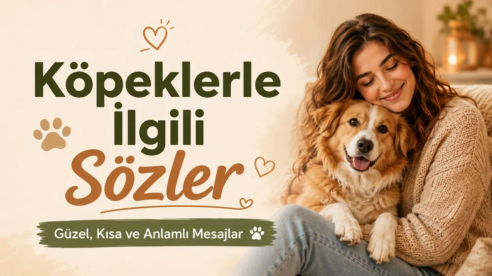 Köpeğine sarılan kadın ve Köpeklerle İlgili Sözler başlığı bulunan sıcak tonlarda blog kapak görseli.