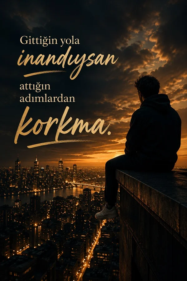 Geceye yakın bir vakitte yüksek bir binanın kenarında oturan bir kişi, ışıklı şehir manzarasına bakıyor. Görselde “Gittiğin yola inandıysan attığın adımlardan korkma” yazısı yer alıyor.