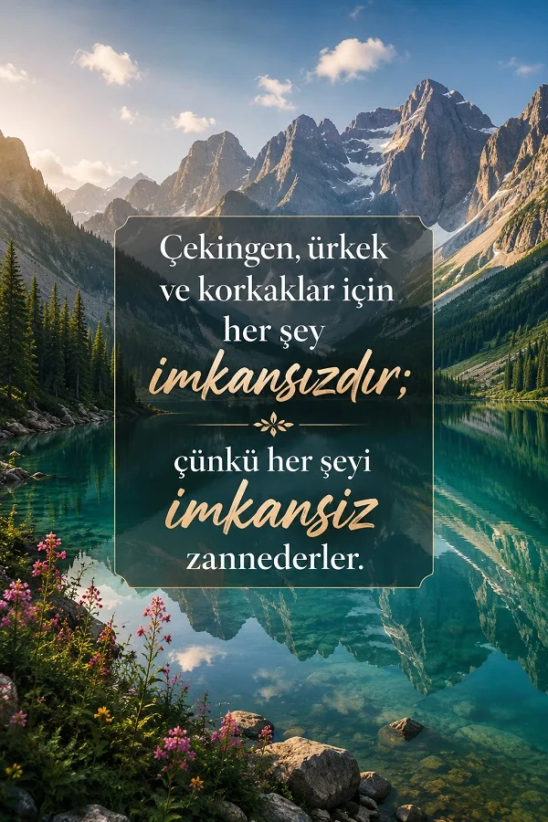 Karlı dağların ve yeşil vadinin yansıdığı berrak bir göl manzarası görülüyor. Ortadaki yazı alanında “Çekingen, ürkek ve korkaklar için her şey imkânsızdır; çünkü her şeyi imkânsız zannederler” sözü yer alıyor.
